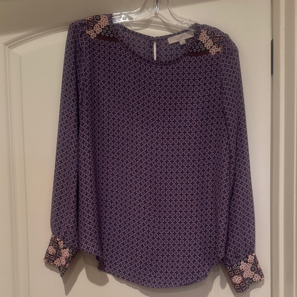 LOFT Purple Geometric Blouse with Floral Accents